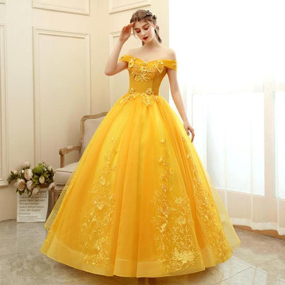 Quinceanera Dresses New Gold Party Dress Off The Shoulder Ball Gown Sweet Floral Print Prom Formal Vestido De Quincenera