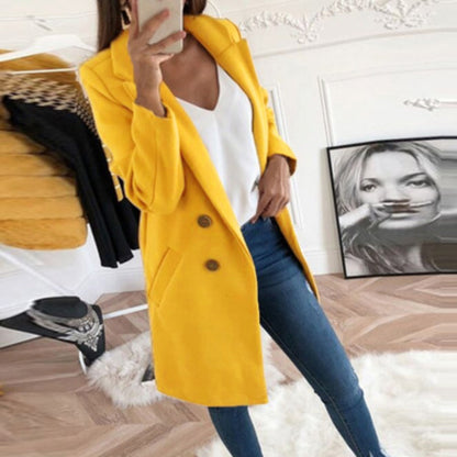 Women Turn-Down Collar Coats Autumn Winter Fashion Long Sleeve Pocket Vintage Jackets Slim Button Solid Casual Outwear Overcoats