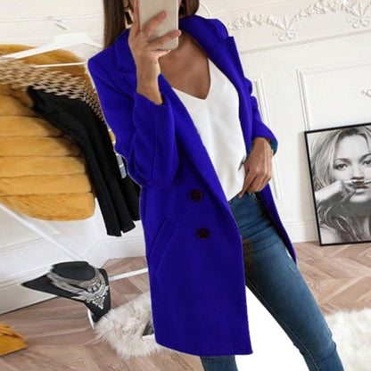 Women Turn-Down Collar Coats Autumn Winter Fashion Long Sleeve Pocket Vintage Jackets Slim Button Solid Casual Outwear Overcoats