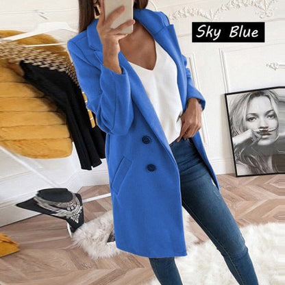 Women Turn-Down Collar Coats Autumn Winter Fashion Long Sleeve Pocket Vintage Jackets Slim Button Solid Casual Outwear Overcoats