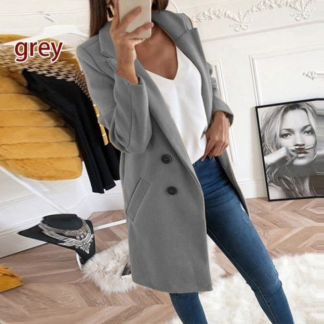 Women Turn-Down Collar Coats Autumn Winter Fashion Long Sleeve Pocket Vintage Jackets Slim Button Solid Casual Outwear Overcoats