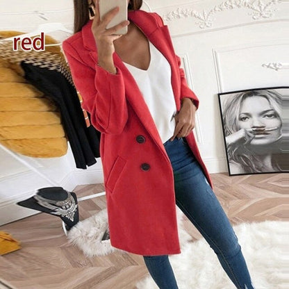 Women Turn-Down Collar Coats Autumn Winter Fashion Long Sleeve Pocket Vintage Jackets Slim Button Solid Casual Outwear Overcoats