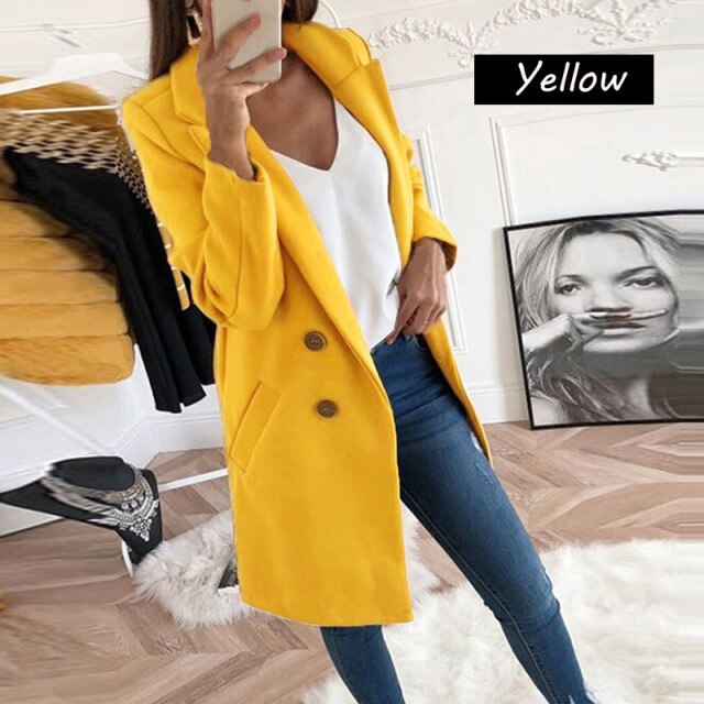 Women Turn-Down Collar Coats Autumn Winter Fashion Long Sleeve Pocket Vintage Jackets Slim Button Solid Casual Outwear Overcoats