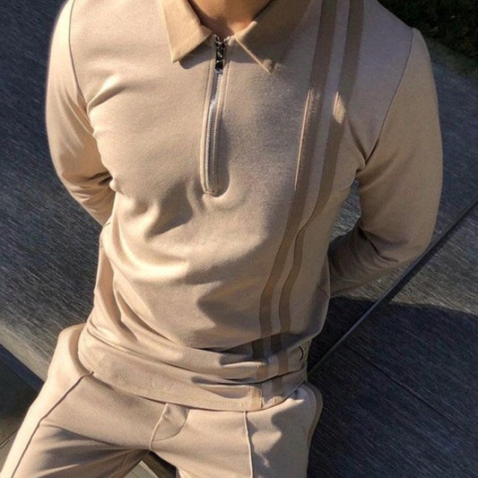 maoxiangshop Fall Winter New Men Polo Shirts Cotton Blends Striped Full Sleeve High Quality Casual Turn-Down Collar Zipper Thermal Top