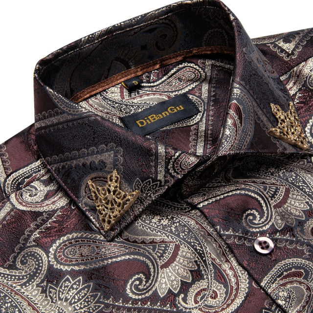 Fashion Royal Blue Paisley Men Shirts Business Casual Long Sleeve Slim Fit Dress Shirt Soft Comfort Men Social Shirt DiBanGu