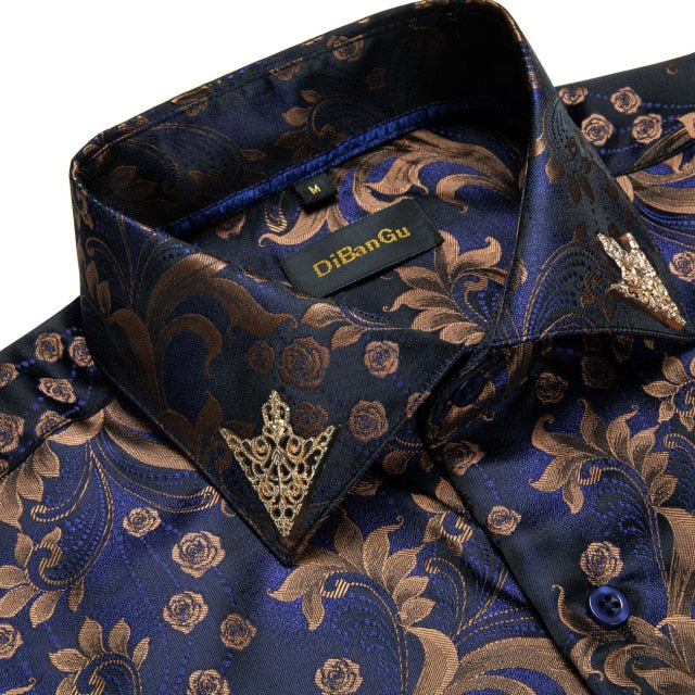 Fashion Royal Blue Paisley Men Shirts Business Casual Long Sleeve Slim Fit Dress Shirt Soft Comfort Men Social Shirt DiBanGu