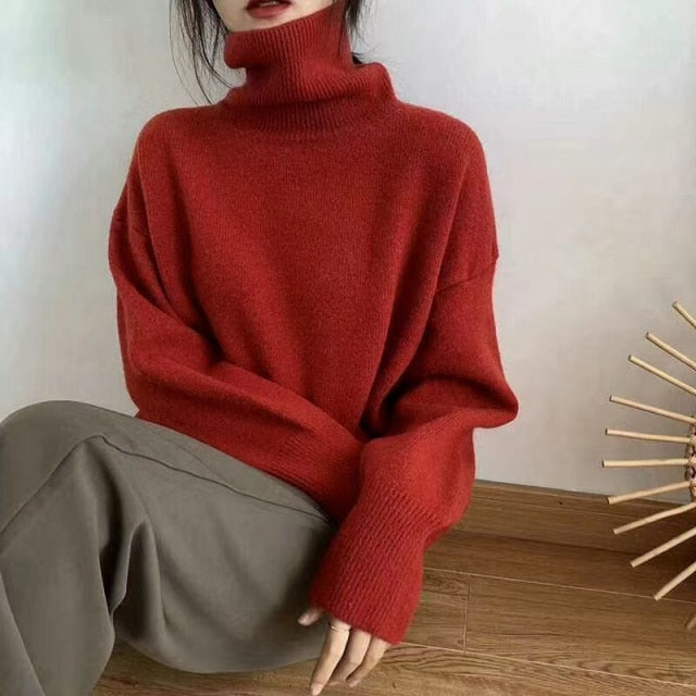 Turtleneck Cashmere Sweater Women Korean Style Oversized Knitted Pullovers Autumn Winter Casual Loose Solid Jumpers Sweater