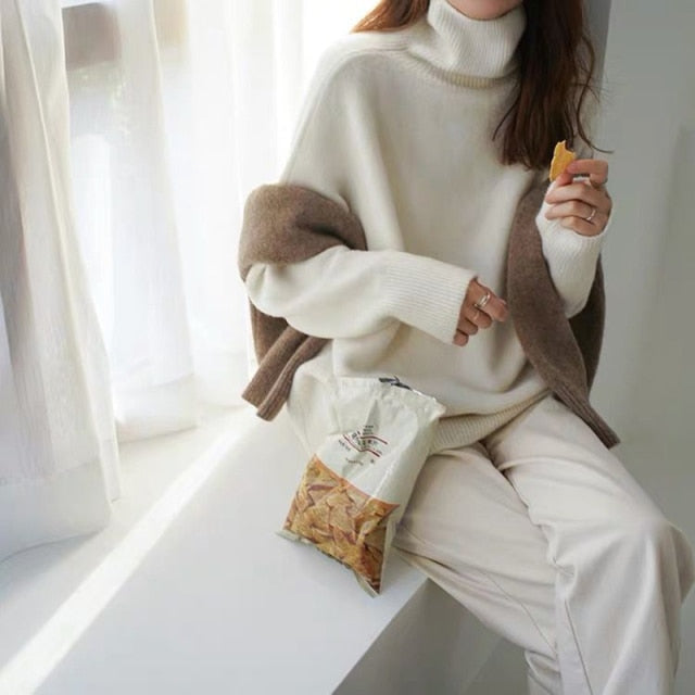 Turtleneck Cashmere Sweater Women Korean Style Oversized Knitted Pullovers Autumn Winter Casual Loose Solid Jumpers Sweater