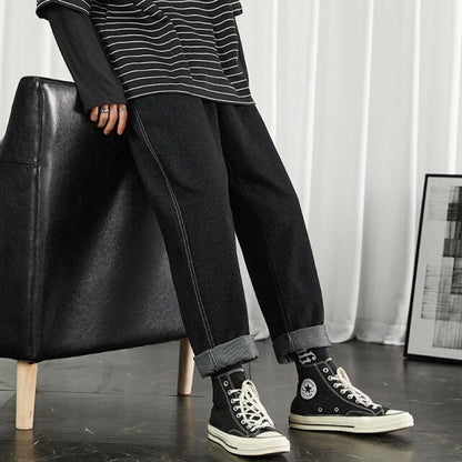 Men Black Korean Jeans Mens High Quality Streetwear Fashion Casual Baggy Straight Simple Cozy All-match Male Denim Pants