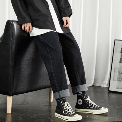 Men Black Korean Jeans Mens High Quality Streetwear Fashion Casual Baggy Straight Simple Cozy All-match Male Denim Pants