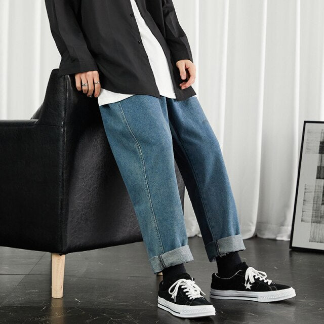 Men Black Korean Jeans Mens High Quality Streetwear Fashion Casual Baggy Straight Simple Cozy All-match Male Denim Pants