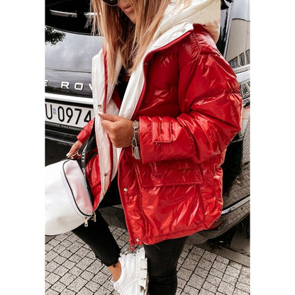 Winter Shiny Hooded Coat Women Long Sleeve Zipper Casual Street Style Bomber Jacket Thick Warm Parka Outerwear Plus Size