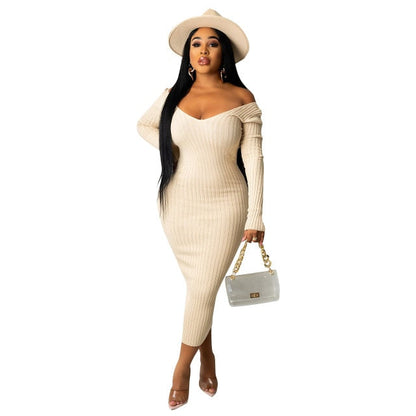 maoxiangshop Women Autumn Solid Ribbed Maxi Knitted Dress V Neck Sexy Slim Elastic Basic Long Bodycon Dress Winter Off Shoulder White Dresses