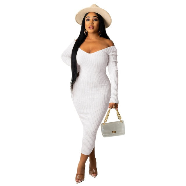 maoxiangshop Women Autumn Solid Ribbed Maxi Knitted Dress V Neck Sexy Slim Elastic Basic Long Bodycon Dress Winter Off Shoulder White Dresses