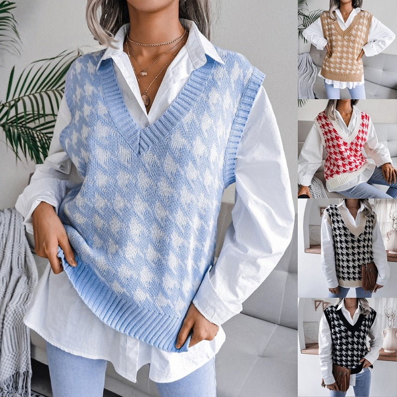 Top women's houndstooth knit sweater vest autumn new loose V-neck sleeveless elegant fashion casual vest sweaters pullover