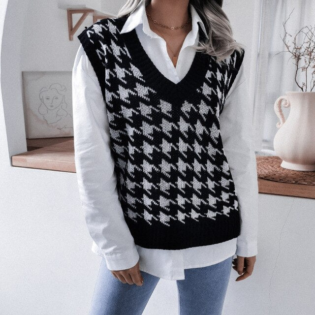 Top women's houndstooth knit sweater vest autumn new loose V-neck sleeveless elegant fashion casual vest sweaters pullover