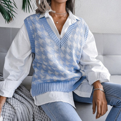 Top women's houndstooth knit sweater vest autumn new loose V-neck sleeveless elegant fashion casual vest sweaters pullover