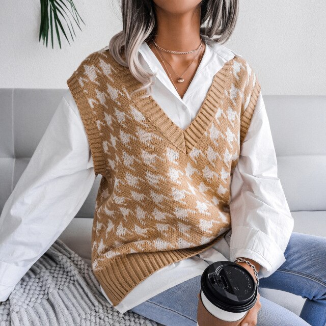 Top women's houndstooth knit sweater vest autumn new loose V-neck sleeveless elegant fashion casual vest sweaters pullover