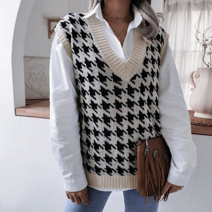 Top women's houndstooth knit sweater vest autumn new loose V-neck sleeveless elegant fashion casual vest sweaters pullover