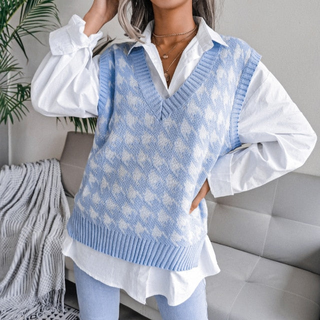 Top women's houndstooth knit sweater vest autumn new loose V-neck sleeveless elegant fashion casual vest sweaters pullover