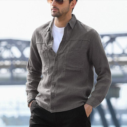 Cotton Linen Casual Shirts For Men Basic Classic Grey Shirt Fashion Male Long Sleeve Turn Collar Breathable Men's Clothing