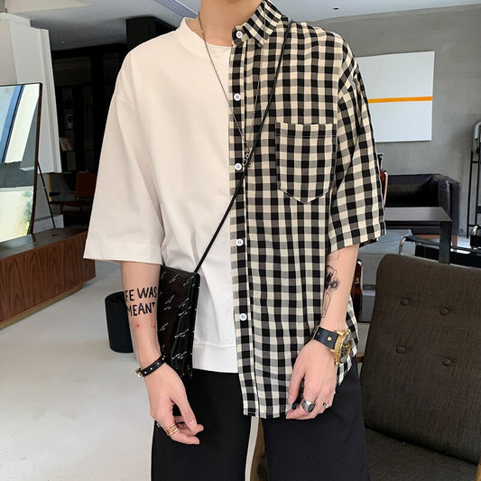 Men's Plaid Shirt Irregular Spliced Retro Fashion Korean Style Shirts for men Summer Thin Pocket Loose Short Sleeve Shirts Male