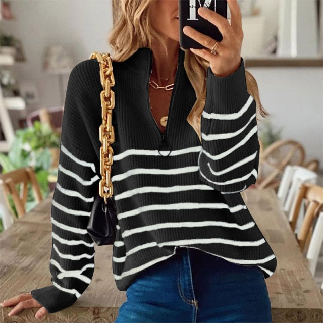 Women Half High Collar Zipper Patchwork Blouse Casual Striped Print Streetwear Hoodies Autumn Femme Slim Fit Loose Tops Blusa