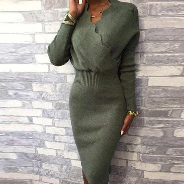 Women Autumn Winter Long Sleeve Slim Fit Knee Dress Elegant Office Lady Bodycon Knitted Dress Sexy Wave V-Neck Solid Party Dress