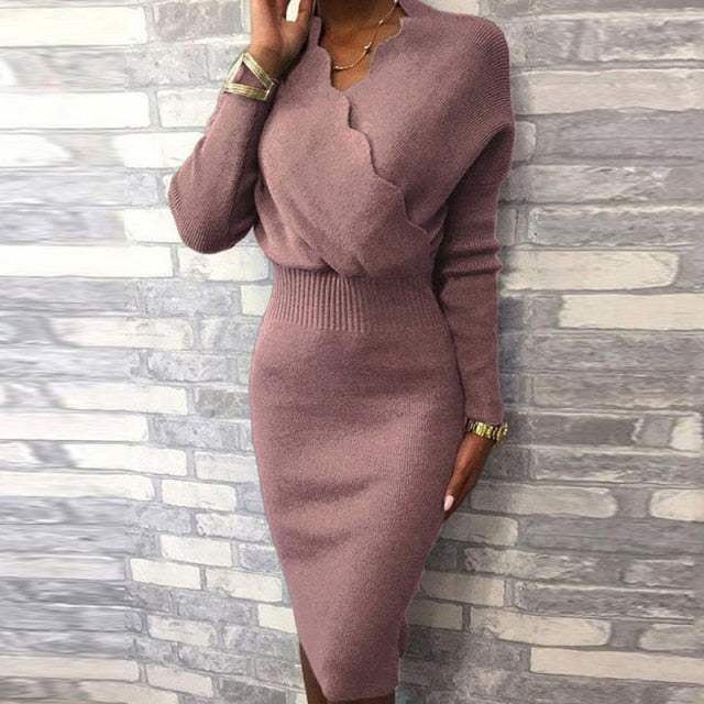 Women Autumn Winter Long Sleeve Slim Fit Knee Dress Elegant Office Lady Bodycon Knitted Dress Sexy Wave V-Neck Solid Party Dress