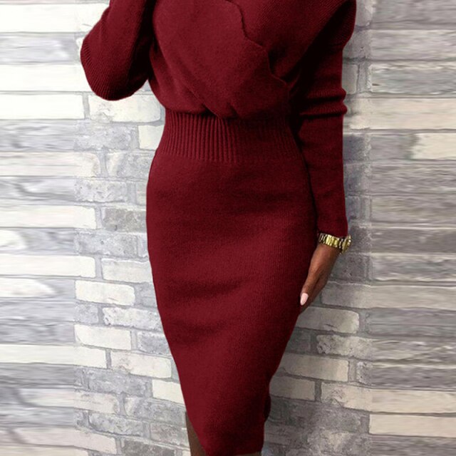 Women Autumn Winter Long Sleeve Slim Fit Knee Dress Elegant Office Lady Bodycon Knitted Dress Sexy Wave V-Neck Solid Party Dress