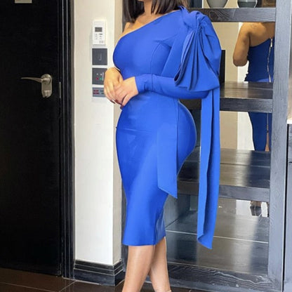 Women Party Dress One Shoulder Elegant Blue Bodycon Big Bow Club Birthday Party Midi Celebrity Evening Robes Big Size Vestidos