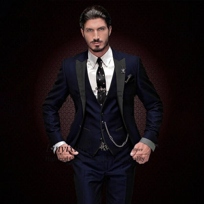 maoxiangshop Classic Black Slim Fit Mens Suits Peaked Lapel Wedding Groom Tuxedo 3 Piece Jacket Vest Pants Set Male Business Masculino Blazer