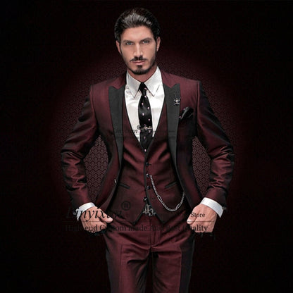 maoxiangshop Classic Black Slim Fit Mens Suits Peaked Lapel Wedding Groom Tuxedo 3 Piece Jacket Vest Pants Set Male Business Masculino Blazer