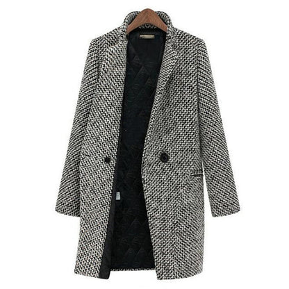 Winter Women Houndstooth Woolen Coats Single Breasted Stand Collar Mid Long Overcoat Thick Warm Elegant Lady Blends