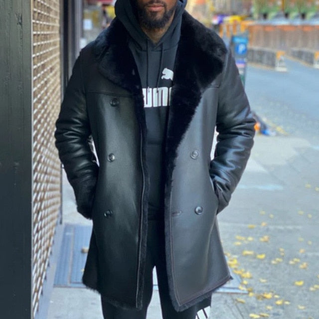 Fashion Mens Leather Jacket Autumn Winter New Solid Color Casual Zipper Fur Collar Long Sleeve Thicken Warm Leather Jacket