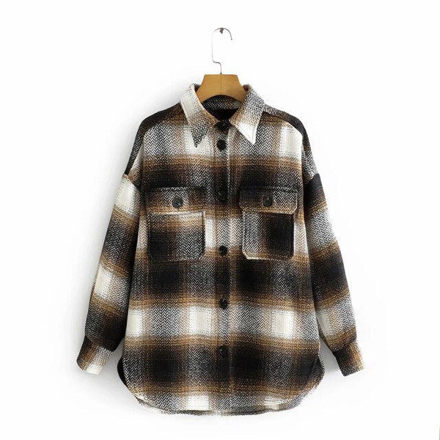 Winter Checked Women Jacket Turn Down Overcoat Warm Plaid Long Coats Thick Woolen Blends Female Streetwear Jackets Trench G1912