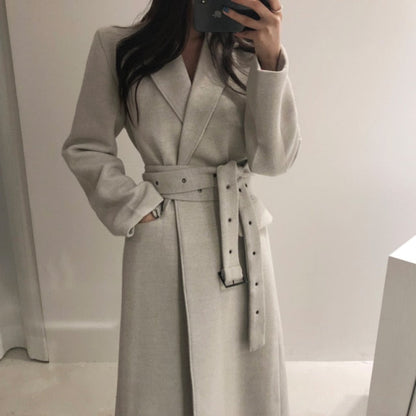 Women Elegant Turn-down Collar Woolen Coat Autumn Winter Thicken Warm Full Sleeve Belted Female Long Blend Coats