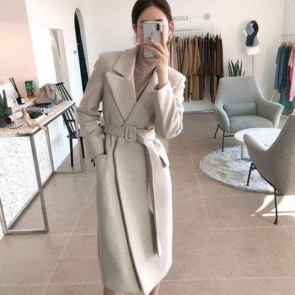 Women Elegant Turn-down Collar Woolen Coat Autumn Winter Thicken Warm Full Sleeve Belted Female Long Blend Coats