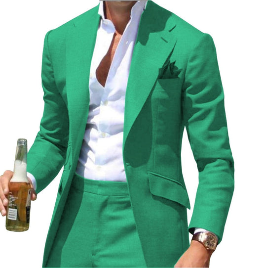 Peak Causal Slim Fit Notched Label Green Mens suit Blazer Formal Business For Wedding Groom Causal  Jacket and pants