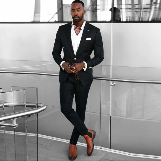 maoxiangshop Costume Black Wedding Tuxedos Peaked Lapel Slim Fit One Button Groom Wear Formal Party Prom Men Suit Blazer (Jacket+Pants)