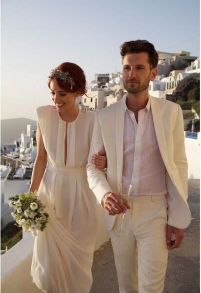 Summer Casual Beach Wedding Suits For Men Ivory/White Linen Tuxedo Custom Made Groom Best Man Party Prom Male Blazer 2 Piece