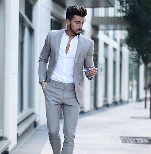 Casual Grey Men Suits Fashion Street Smart Business Male tuxedo Summer Beach Wedding Suits For Men Prom Party Best Man Suit 2PCS