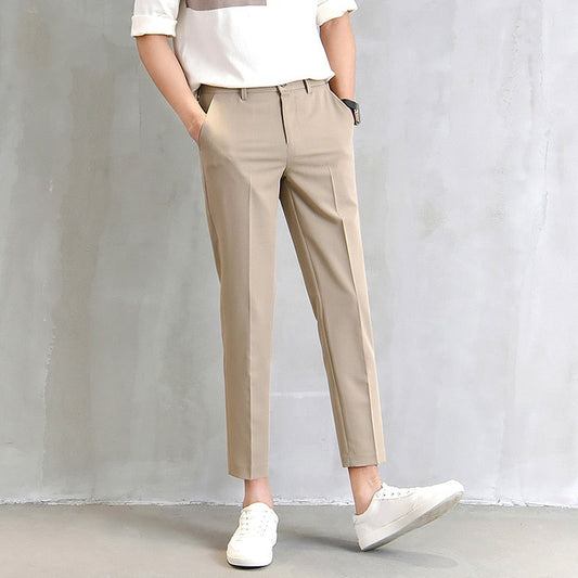 maoxiangshop Men's Suit Pants Fashion Slim-Fit Straight Trousers Business Casual Ninth Pants With Pockets Pure Black Khaki Grey Suit Pants