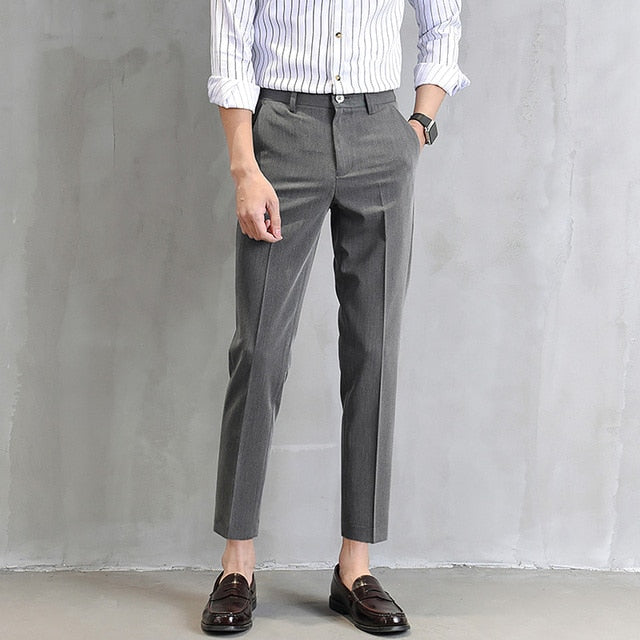 maoxiangshop Men's Suit Pants Fashion Slim-Fit Straight Trousers Business Casual Ninth Pants With Pockets Pure Black Khaki Grey Suit Pants