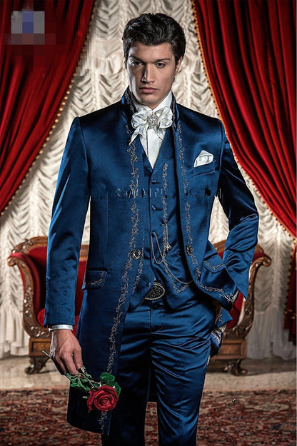 maoxiangshop New Arrival Blue Embroidery Groom Tuxedos Groomsmen Men's Wedding Prom Suits Custom Made (Jacket+Pants+Vest) K:165