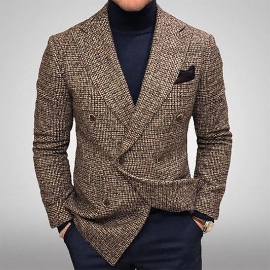 maoxiangshop Plaid European Slim Notched Lapel Men's Leisure Blazer Wool Blends Double-Breasted Male Fall New Fashion Trendy Clothing