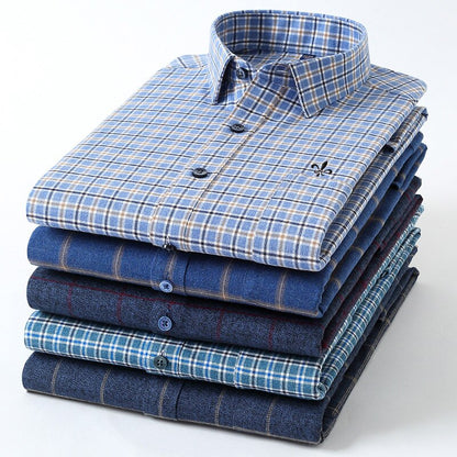 maoxiangshop Camisa Social Masculina Men's Cotton Plaid Casual Shirt Pocket Long Sleeve Standard-fit Comfortable Shirts Slim Fit