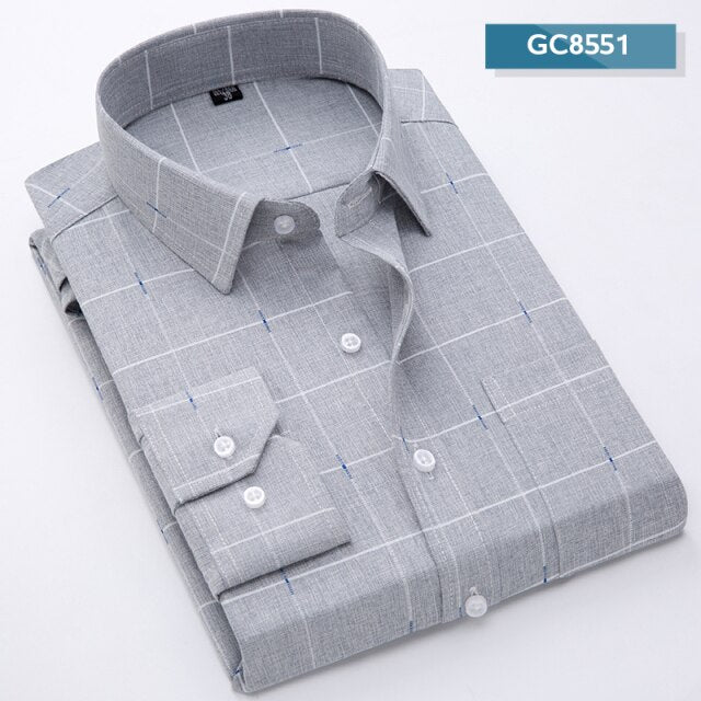 maoxiangshop Men's Fashion Shirt Men Long Sleeve Non Iron Casual Plaid Breathable Soft Thin Business Dress Brand Slim Print Fit Chemise Homme