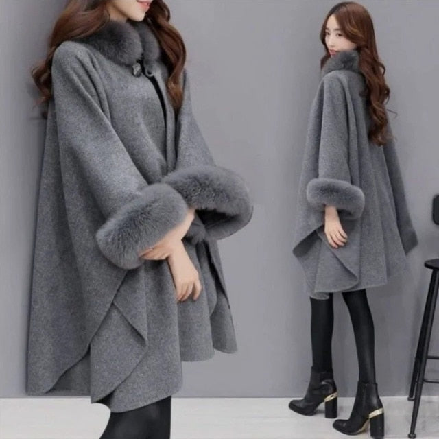 Winter Fake Fur Coat Women's Poncho Jacket Plus Size Bat Sleeve Warm Cape Overcoat Long Cloak Outwear Casual Shawl Female 5XL