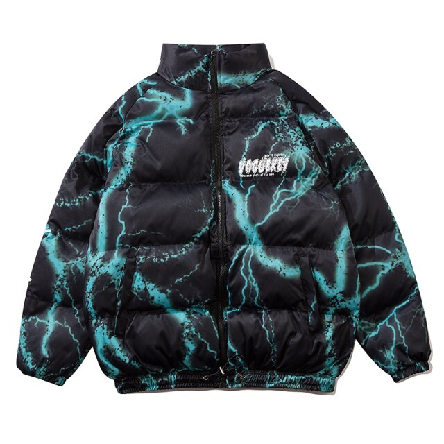 Winter Parkas Men Hip Hop Lightning Pattern Cotton-padded Jacket Mens Streetwear Oversized Thick Warm Outerwear Coats Unisex